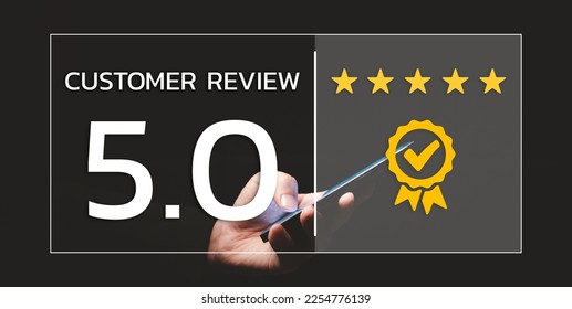 People with virtual screen of satisfaction icons warranty 5 stars rating in service, Customer service and business satisfaction survey, Customer evaluation feedback - Shutterstock ID 2254776139