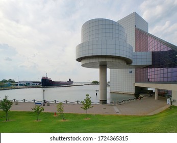  People Visit Building Rock And Roll Hall Of Fame In City Cleveland , OH USA July 2019.