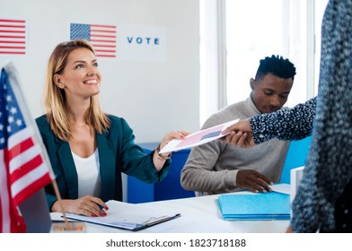 People Voting In Polling Place, Usa Elections And Coronavirus.