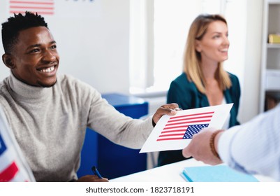 People Voting In Polling Place, Usa Elections And Coronavirus.