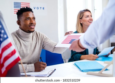 People Voting In Polling Place, Usa Elections And Coronavirus.