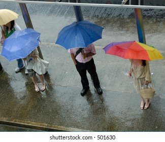 People Waiting At Busstop In The Rain