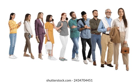 People waiting in queue on white background