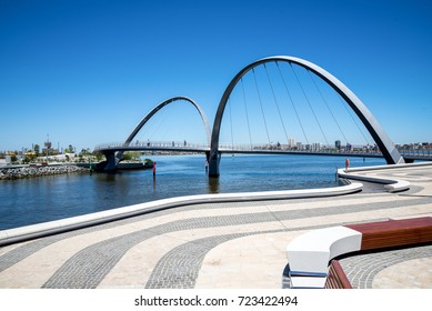 People Walking Across Elizabeth Quay Bridge In Perth City, Western Australia