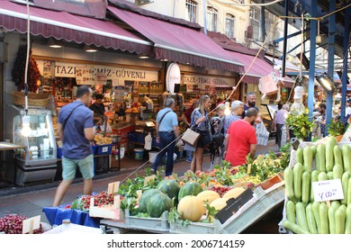 People Walking Around In A Food Market In Kadikoy, Istanbul. 2019