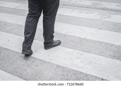 People Walking Crosswalk.Business Man Crossing Street, Close Up Of Feet.