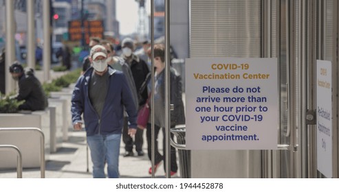 People Walking Into Covid 19 Mass Vaccination Site Entrance At Javits Center In New York City