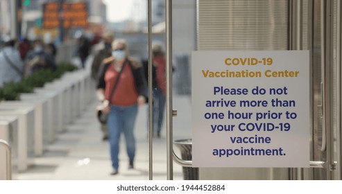 People Walking Into Covid 19 Mass Vaccination Site Entrance At Javits Center In New York City