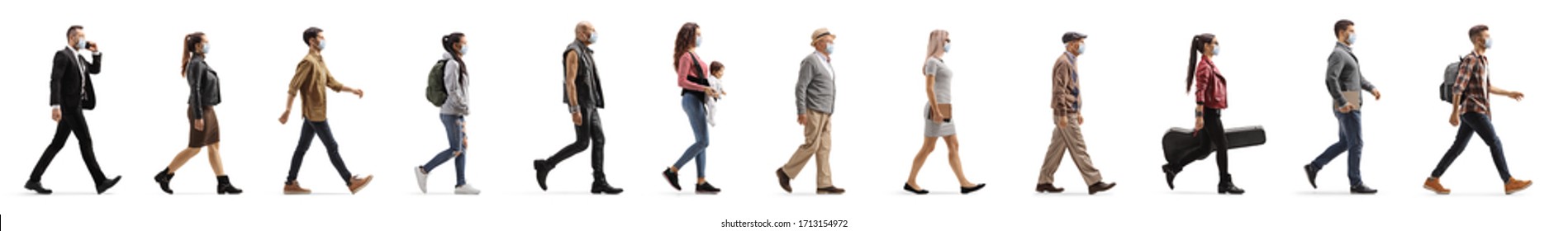 People walking in line and wearing protective medical maks during pandemic period isolated on white background - Powered by Shutterstock