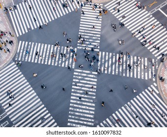 People Walking On City Street Crosswalk In Ginza Intersection. Tokyo City Above View