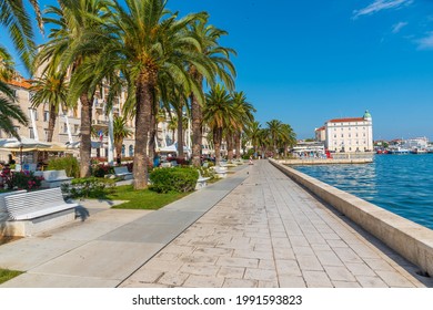 People are walking on seaside promenade in Split, Croatia