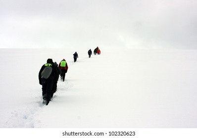 People Walking To The Snow Horizon In Antarctica