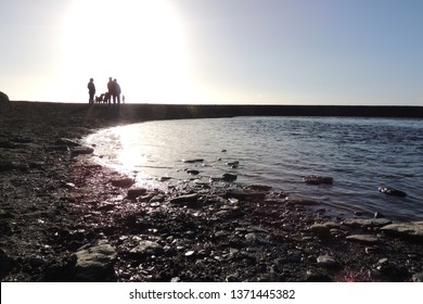 People Walking Their Dogs On The Beach In Seaton In Cornwall On A Sunny Winter Afternoon