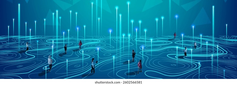 People walking through digital surface of glowing signals illustrating future communication and virtual presence. Concept of networking, innovations, technologies, digital art. Collage with 5 models.