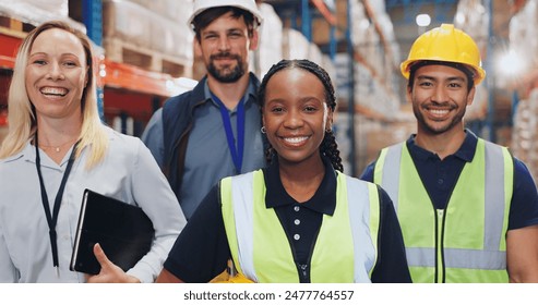 People, warehouse and happy on portrait for teamwork, collaboration and supply chain. Employee, diversity and smile at factory for logistics, manufacturing and delivery or distribution service - Powered by Shutterstock