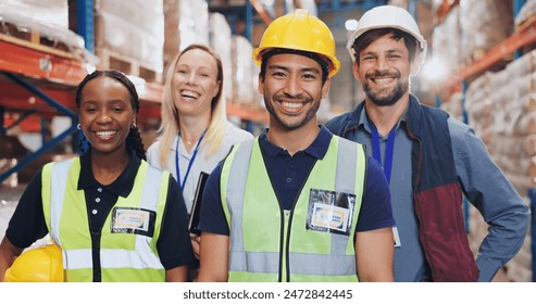 People, warehouse and smile on portrait for teamwork, collaboration and supply chain. Employee, diversity and happy at factory for logistics, manufacturing and delivery or distribution service - Powered by Shutterstock