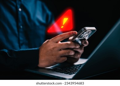 People with warning notification and spam message icon on mobile phone