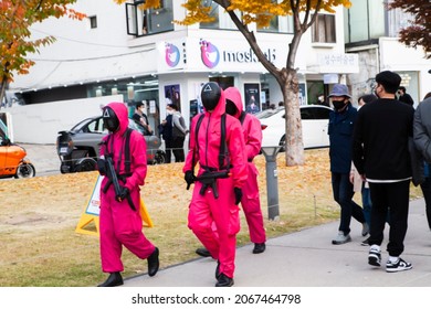 People Wearing Halloween Makeup On The Gyeongui Line Forest Road Or Walking The Streets Wearing Masks Due To COVID-19. Seoul,South Korea 2021.10.30
