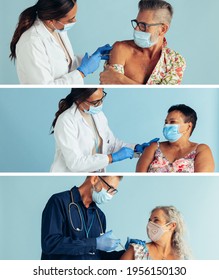 People Wearing Protective Face Masks Receiving Covid Vaccine From Frontline Workers. Medical Professionals Vaccinating People During Pandemic.