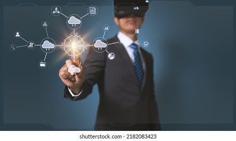 People Wearing VR Glasses, Concepts, Management, Digital Transformation, Internet Of Things And Business Processes, Automation, Various Storage Systems.