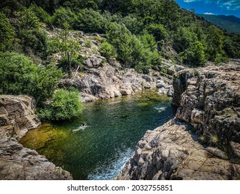 People Wild Swimming In Chassezac River In Lozere District In France