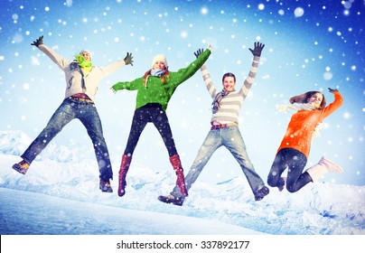 People Winter Jumping Snow Playful Concept