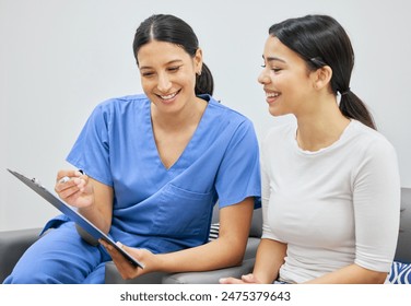 People, women and doctor with clipboard for document or insurance compliance and consultation in clinic. Female patient, healthcare and dentist with paperwork results for oral exam and conversation - Powered by Shutterstock