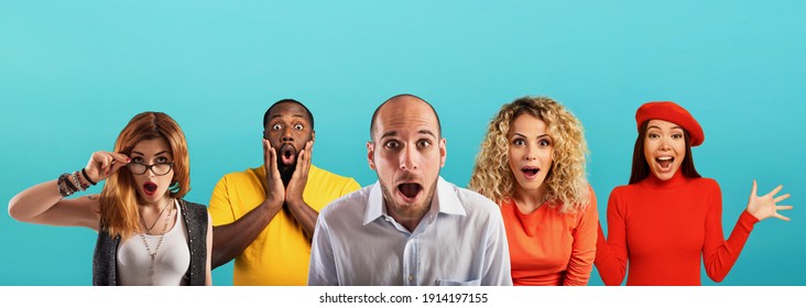 People With Wondered, Surprised And Happy Expression Are Shocked For New Revelation . Cyan Background