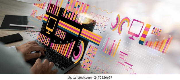 People Work Data Analytics Statistics finance data analytics graph laptop with charts and data on the screen