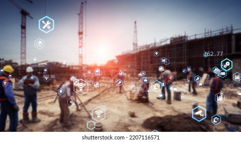 People Working At Construction Site And Technology. Wide Angle Visual For Banners Or Advertisements.