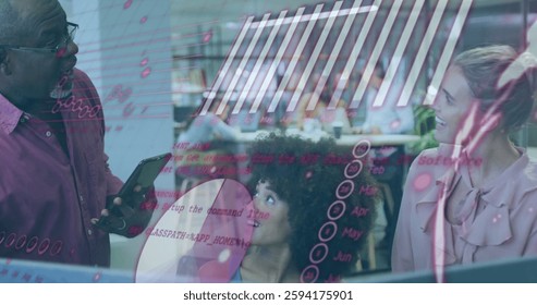 People working in office with coding and data processing image over them. Business, teamwork, collaboration, technology, software, programming