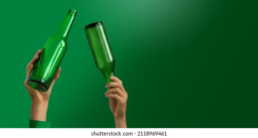 People's hand shows used recyclable packages materials of bottle glass transparent. Glass bottles prepared for recycling. Concept of responsible, care and save the world. Wide banner. - Powered by Shutterstock