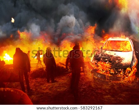 People's insurgents in urban combat with government forces commandos burning cars and tires prevents fire and smoke shooting sighting sniper army against the backdrop of the ruined city