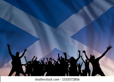 Peoples Silhouette On Flag And Sky Background, Day Of Scotland, Independence Holiday 