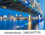 Peoria, Illinois, USA cityscape on Lake Peoria under the Murray Baker Bridge at blue hour.