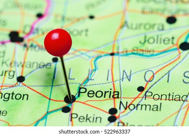 Peoria pinned on a map of Illinois, USA
