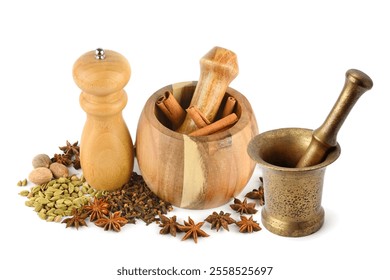 Pepper grinder mill, mortar, pestle and spice setisolated on white background. - Powered by Shutterstock