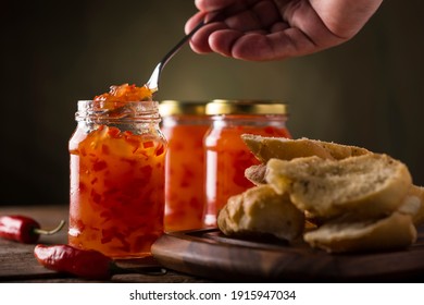 Pepper Jam With Toast On The Table.