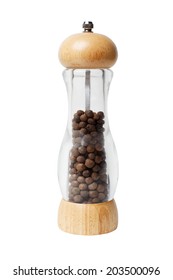 Pepper Mill And Black Pepper Isolated On White