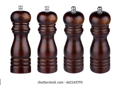 Pepper Mill Isolated. Dark Wooden Pepper Mill Isolated On White Background, Collection Of Different Angles