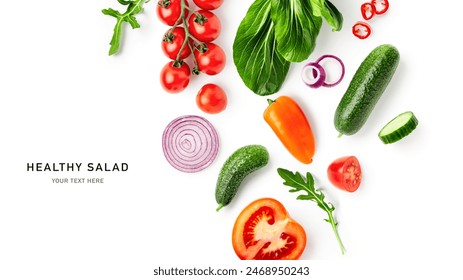 Pepper, pak choi, onion, rucola, tomato, cucumber isolated on white background. Healthy eating and food concept. Creative layout. Fresh salad vegetables composition. Top view, flat lay
 - Powered by Shutterstock