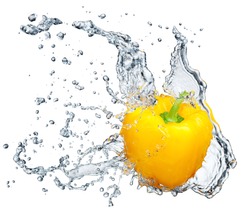 Pepper In Spray Of Water. Juicy Peach With Splash On White Background