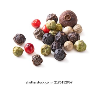 Peppercorns isolated on white background top view with clipping path. Five Blend Peppercorn Mix - black, white, pink, green and allspice on white background.