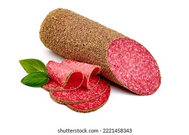 Peppered Salami Sausage, Isolated On White Background