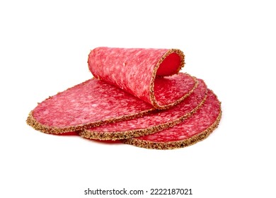 Peppered Salami Sausage, Isolated On White Background