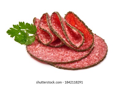 Peppered Salami Slices, Isolated On White Background.