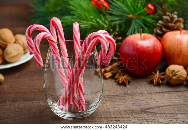 Peppermint Candy Canes Other Christmas Decorations Stock Photo