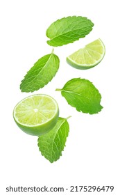 Peppermint Leaves (Mint Leaf) And Fresh Lime Slice Flying In The Air Isolated On White Background.