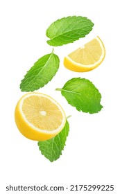 Peppermint Leaves (Mint Leaf) And Fresh Lemon Slice Flying In The Air Isolated On White Background.