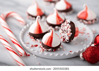 Peppermint Meringues Dipped In Chocolate, Christmas Treat Or Edible Gift Idea